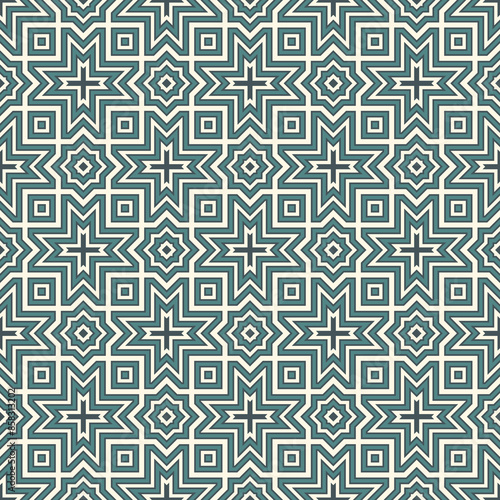 Seamless surface design with arabic ornament. Moroccan stars and crosses motif. Oriental traditional pattern with repeated mosaic tile. Tracery window wallpaper. Arabesque digital paper, textile print