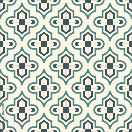 Seamless surface design with ogee ornament. Oriental traditional pattern with repeated mosaic tile. Tracery window wallpaper. Moroccan lantern motif. Arabesque digital paper, textile print. Vector art