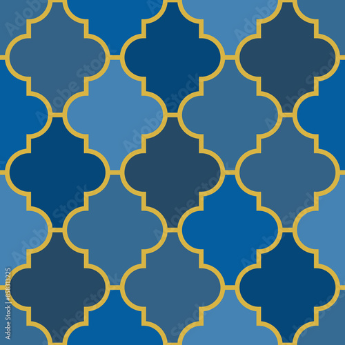 Seamless surface design with ogee ornament. Oriental traditional pattern with repeated mosaic tile. Tracery window wallpaper. Moroccan lantern motif. Arabesque digital paper, textile print. Vector art