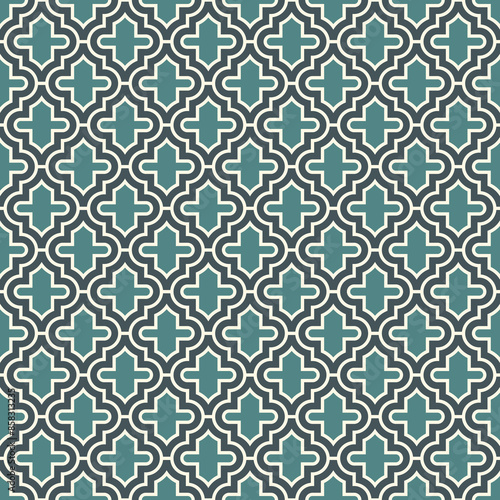 Seamless surface design with arabic ornament. Oriental traditional pattern with repeated mosaic tile. Tracery window wallpaper. Crosses motif. Arabesque digital paper, textile print. Vector art