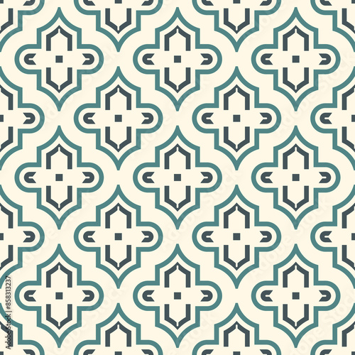 Seamless surface design with ogee ornament. Oriental traditional pattern with repeated mosaic tile. Tracery window wallpaper. Moroccan lantern motif. Arabesque digital paper, textile print. Vector art