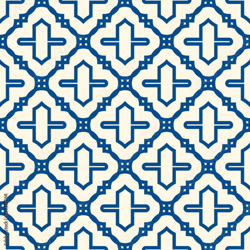 Seamless surface design with arabic ornament. Oriental traditional pattern with repeated mosaic tile. Tracery window wallpaper. Crosses motif. Arabesque digital paper, textile print. Vector art
