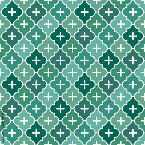 Seamless surface design with ogee ornament. Oriental traditional pattern with repeated mosaic tile. Tracery window wallpaper. Moroccan lantern motif. Arabesque digital paper, textile print. Vector art