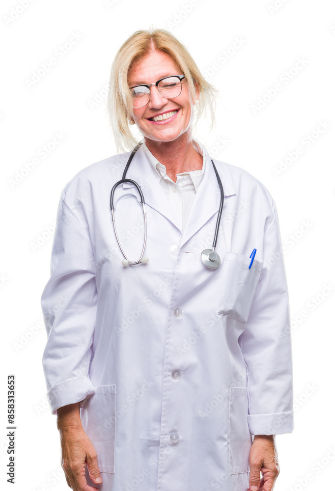 Middle age blonde doctor woman over isolated background winking looking at the camera with sexy expression, cheerful and happy face. Middle age blonde doctor woman over isolated background winking looking at the camera with sexy expression, cheerful and happy face.