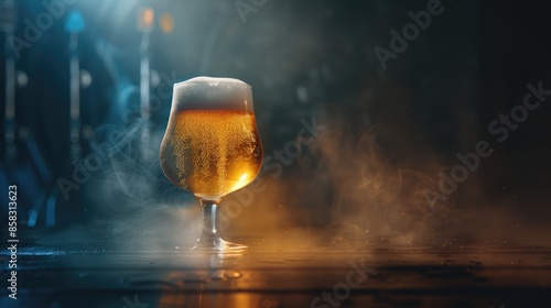 Fresh beer in a large glass with subtle backlighting and mist on a dark backdrop