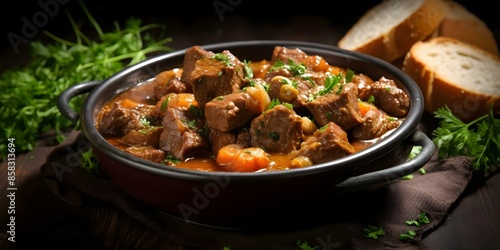 Velvety French Veal Stew with Tender Meat. Concept French cuisine, Velvety stew, Veal recipe, Comfort food, Slow-cooked meal