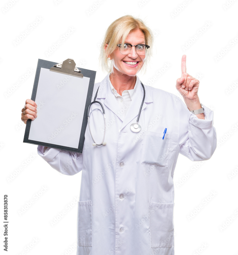 Middle age blonde doctor woman holding clipboard over isolated background surprised with an idea or question pointing finger with happy face, number one Middle age blonde doctor woman holding clipboard over isolated background surprised with an idea or question pointing finger with happy face, number one