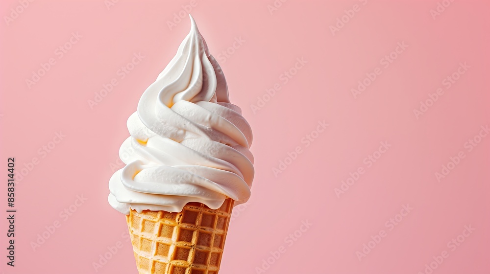 Frontal view of an appetizing ice cream cone set against a soft pastel background, highlighting its delightful presentation Frontal view of an appetizing ice cream cone set against a soft pastel background, highlighting its delightful presentation