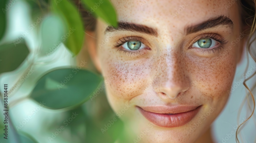 A woman with freckles smiles at the camera, her green eyes looking directly at the viewer. Green leaves are in the foreground, creating a blurred, natural backdrop. A woman with freckles smiles at the camera, her green eyes looking directly at the viewer. Green leaves are in the foreground, creating a blurred, natural backdrop.