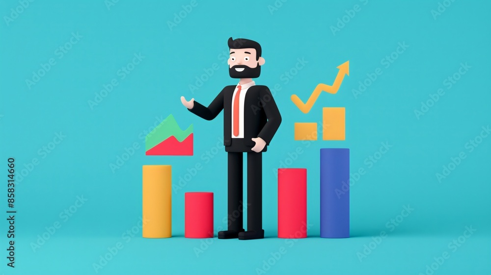 3D illustration of a businessman analyzing data charts with colorful bar graphs and arrows, depicting growth and success. 3D illustration of a businessman analyzing data charts with colorful bar graphs and arrows, depicting growth and success.
