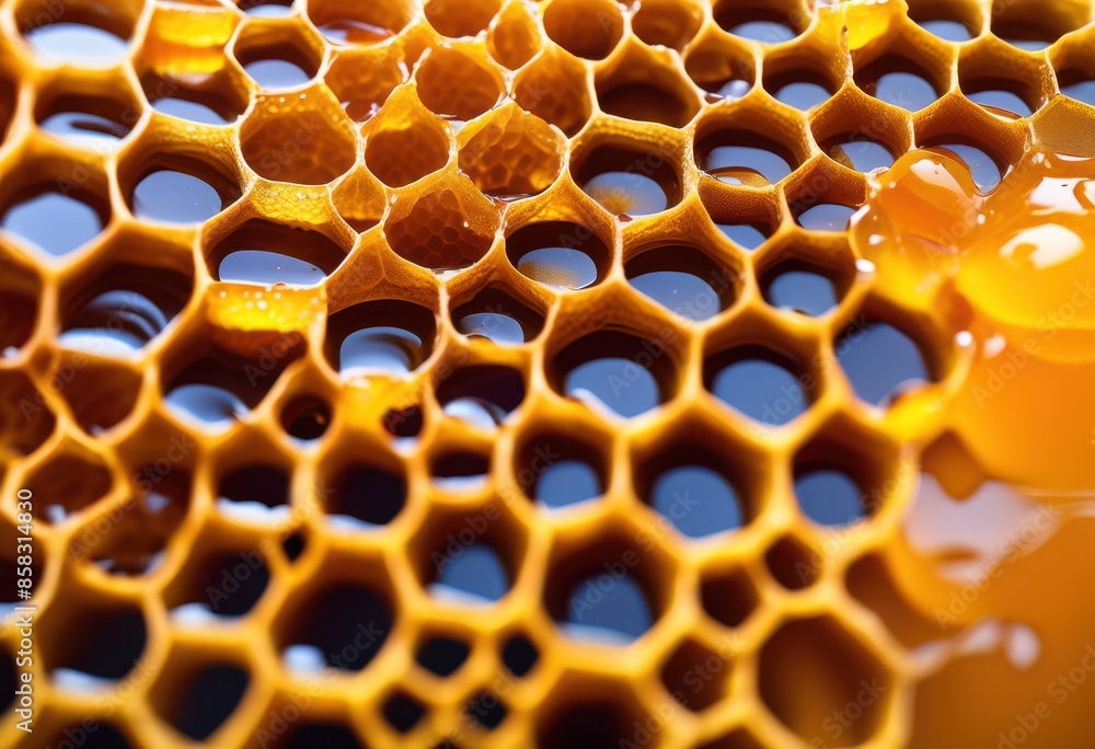 detailed view honeycomb dripping honey, agriculture, apiary, apiculture, bee, beekeeping, bees, beeswax, cells, closeup, color, dessert, droplets