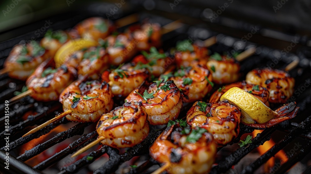 Grilled shrimp skewers with lemon and herbs on a BBQ grill with a summer backyard setting Grilled shrimp skewers with lemon and herbs on a BBQ grill with a summer backyard setting