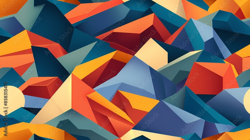 High-resolution image of an abstract, cubist landscape with geometric shapes in vibrant colors. High-resolution image of an abstract, cubist landscape with geometric shapes in vibrant colors.