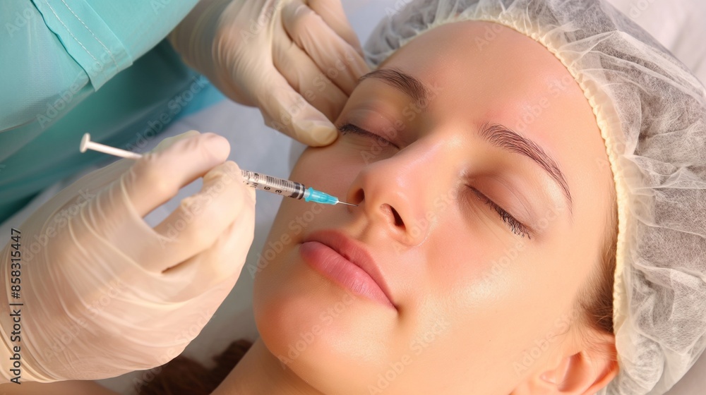 Botox injections, neurotoxin botulinum into the skin, Young women undergoing facial injections Botox injections, neurotoxin botulinum into the skin, Young women undergoing facial injections