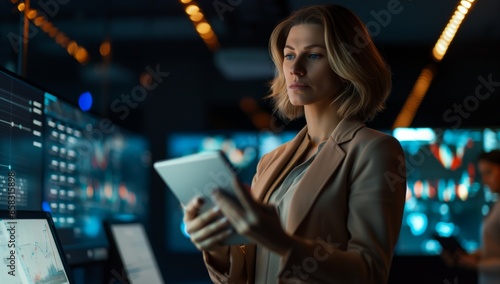 Businesswoman Working on Tablet in Modern Office  Evening Productivity Professional
