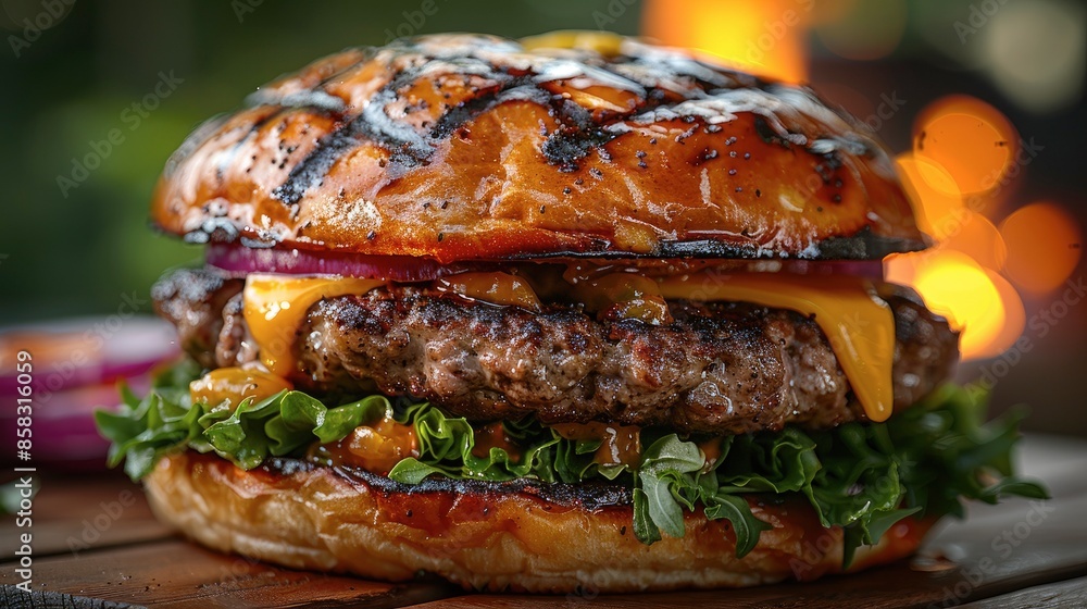 Close-up of a juicy burger with cheese, lettuce, and tomato on a picnic table with a BBQ setup in the background Close-up of a juicy burger with cheese, lettuce, and tomato on a picnic table with a BBQ setup in the background