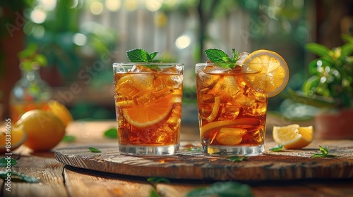 Refreshing iced tea with lemon and mint served on a rustic table with a summer holiday setting