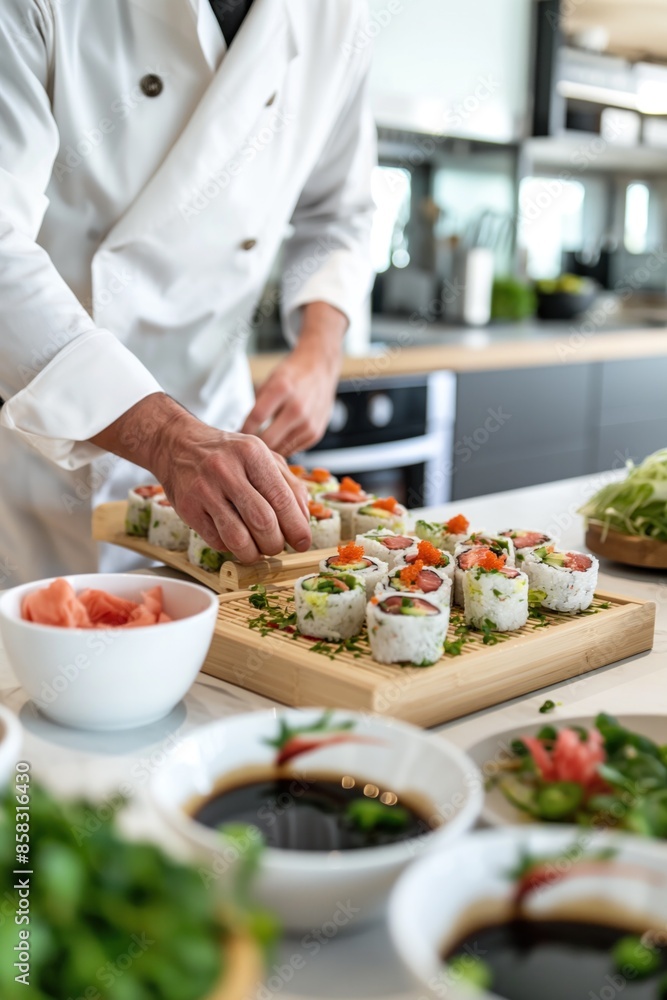 Chef arranging sushi rolls on a wooden board in a modern kitchen, with soy sauce and side dishes in the foreground Chef arranging sushi rolls on a wooden board in a modern kitchen, with soy sauce and side dishes in the foreground