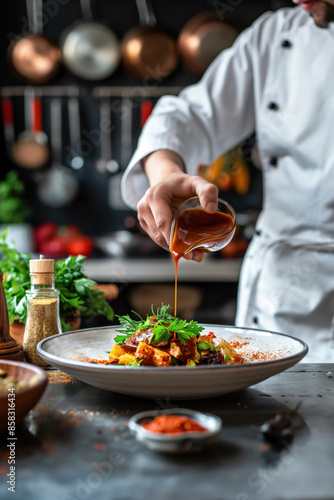 Fototapeta Naklejka Na Ścianę i Meble -  Chef pouring sauce over a plated dish in a professional kitchen..