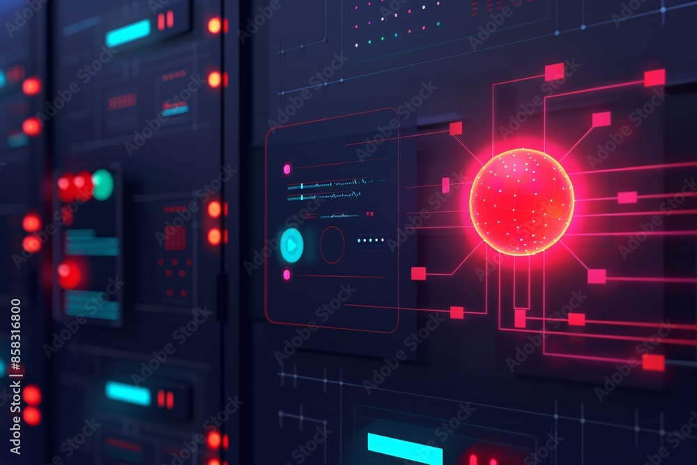 Abstract futuristic technology interface with glowing red and blue lights, symbolizing data processing and digital communication. Abstract futuristic technology interface with glowing red and blue lights, symbolizing data processing and digital communication.