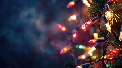 Festive Christmas lights against dark background with space for text