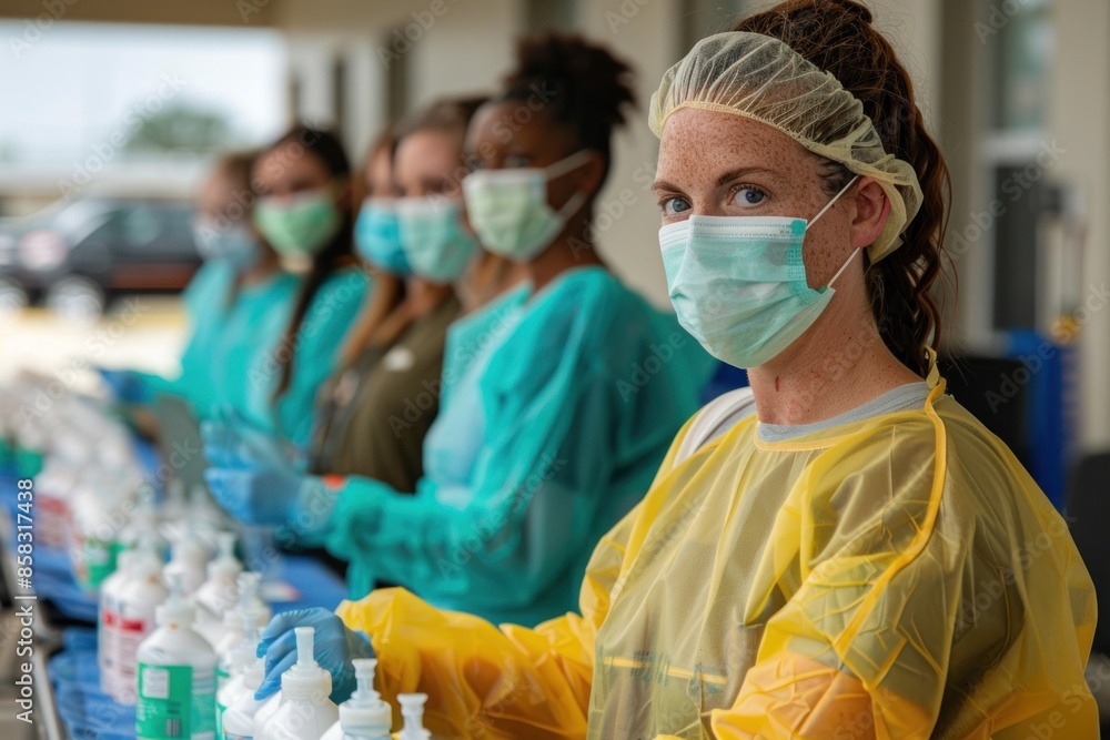 A healthcare worker demonstrating the proper use of personal protective equipment to a group of individuals. The demonstration includes wearing masks, gloves, and sanitizing hands. This image A healthcare worker demonstrating the proper use of personal protective equipment to a group of individuals. The demonstration includes wearing masks, gloves, and sanitizing hands. This image