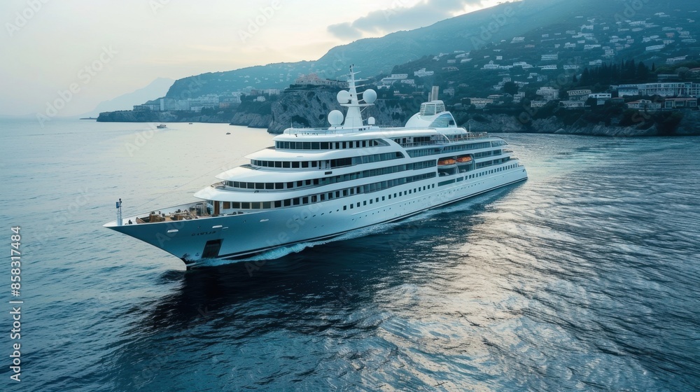 A luxury cruise ship with a private art collection, in elegant, sophisticated design, cruising through the scenic waters of the Mediterranean, highlighting cultural enrichment and luxury. A luxury cruise ship with a private art collection, in elegant, sophisticated design, cruising through the scenic waters of the Mediterranean, highlighting cultural enrichment and luxury.