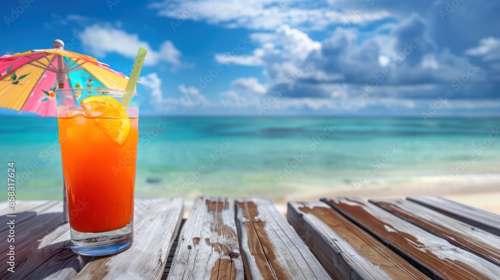 Obraz premium A tropical drink with a colorful umbrella on a wooden table at the beach, with the ocean in the background and plenty of space for text full body on white background