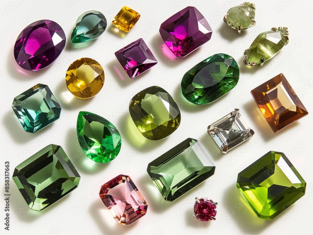 A vibrant collection of faceted gemstones in various colors displayed on a white background A vibrant collection of faceted gemstones in various colors displayed on a white background