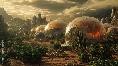 A Martian colony with habitat domes and greenhouses, photorealistic, red planet landscape with human settlers, emphasizing sustainable living.  photo