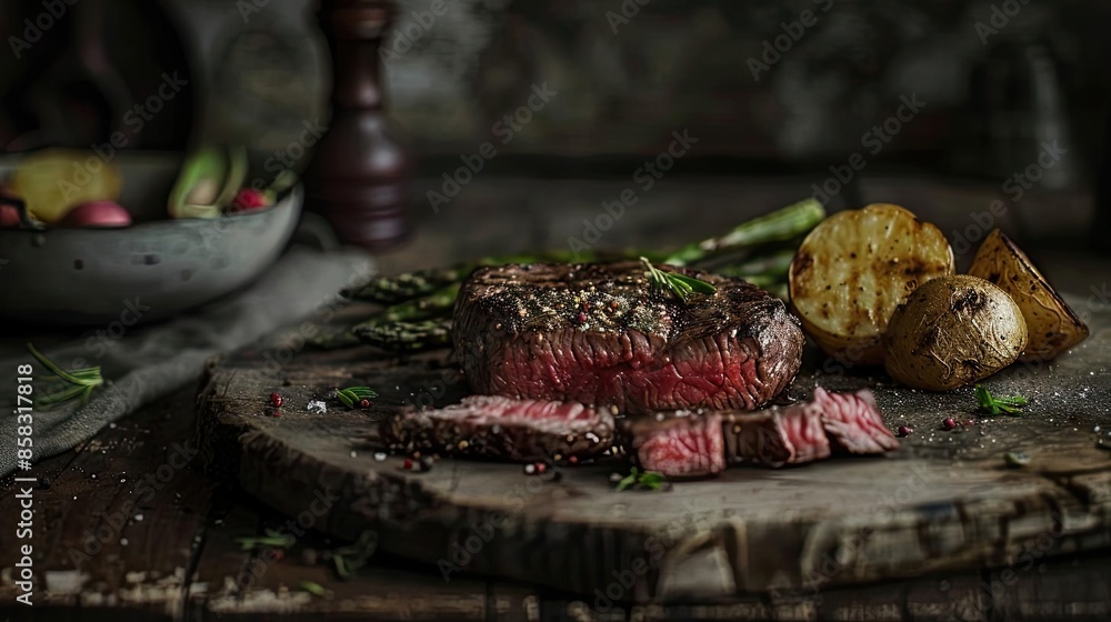 Gourmet steak dinner with roasted potatoes and asparagus, beautifully plated on a rustic wooden board for an elegant dining experience. Gourmet steak dinner with roasted potatoes and asparagus, beautifully plated on a rustic wooden board for an elegant dining experience.