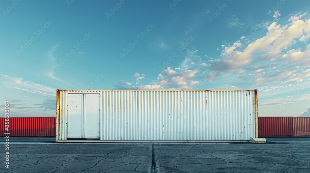 A creatively composed image of a container in a modern urban setting, with blank walls and ground space for copy A creatively composed image of a container in a modern urban setting, with blank walls and ground space for copy
