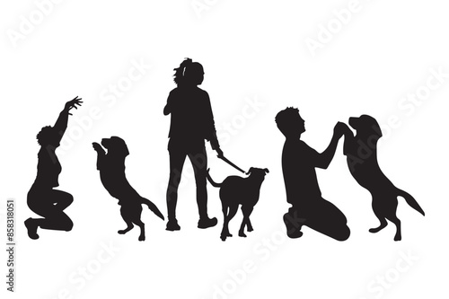 vector illustration silhouette of a man who plays with his dog on a white background.