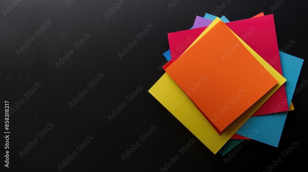 Colored note paper on black backdrop with blank area Colored note paper on black backdrop with blank area