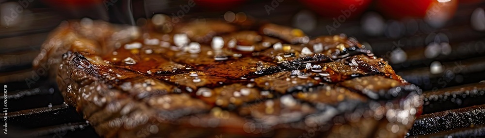 Close-up shot of a juicy grilled steak with grill marks and cherry tomatoes in the background, perfect for barbecue or cooking themes. Close-up shot of a juicy grilled steak with grill marks and cherry tomatoes in the background, perfect for barbecue or cooking themes.