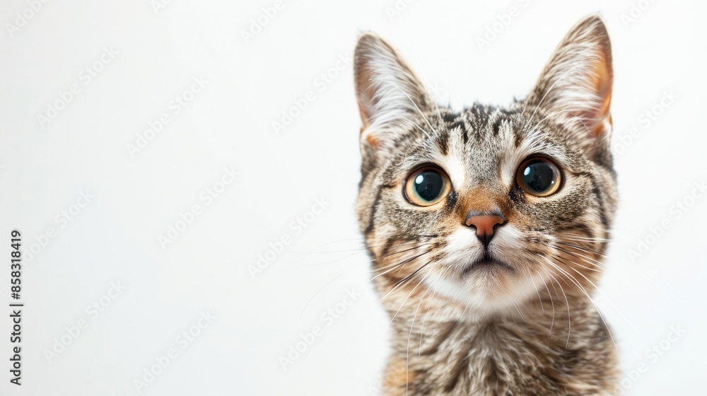 Surprised skeptical cat with big close up eyes making a funny face and looking away with space for text Surprised skeptical cat with big close up eyes making a funny face and looking away with space for text