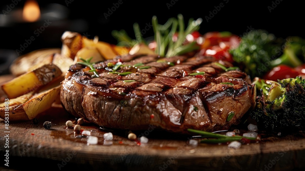 Juicy grilled steak served with roasted vegetables and potatoes on a wooden platter, garnished with herbs. Perfect for a gourmet meal. Juicy grilled steak served with roasted vegetables and potatoes on a wooden platter, garnished with herbs. Perfect for a gourmet meal.