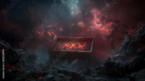 A mysterious glowing box sits in a field of space debris under a nebula.