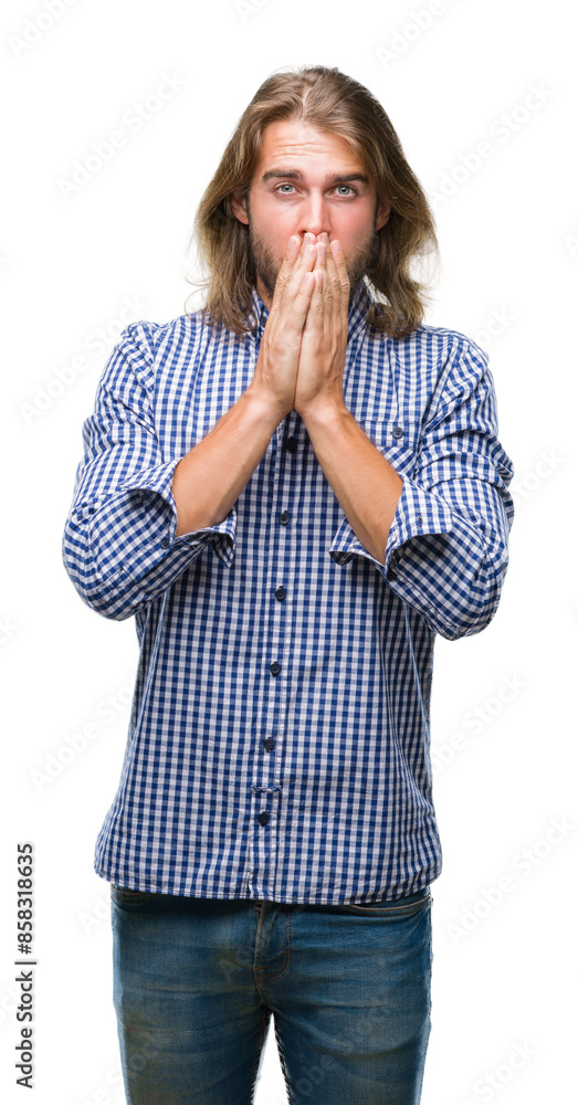 Young handsome man with long hair over isolated background shocked covering mouth with hands for mistake. Secret concept. Young handsome man with long hair over isolated background shocked covering mouth with hands for mistake. Secret concept.