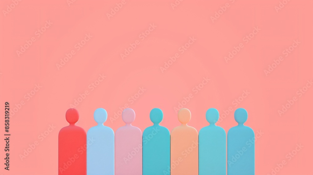Colorful human figures in a minimal graphic style against a pink background, representing diversity and teamwork. Colorful human figures in a minimal graphic style against a pink background, representing diversity and teamwork.