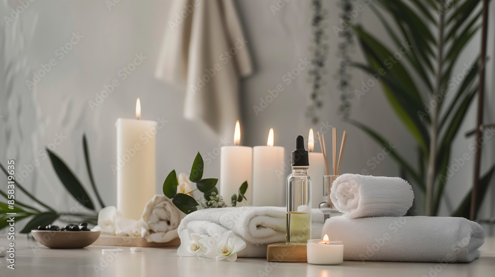Compact arrangement of candles, towels, and essential oils in a tranquil spa setting, emphasizing relaxation and well-being.
Compact arrangement of candles, towels, and essential oils in a tranquil spa setting, emphasizing relaxation and well-being.