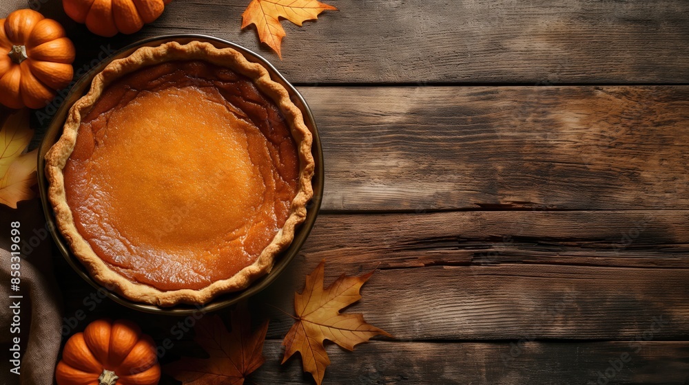 Pumpkin pie on a wooden background top view copy space. Thanksgiving day. Concept for cozy fall baking Pumpkin pie on a wooden background top view copy space. Thanksgiving day. Concept for cozy fall baking
