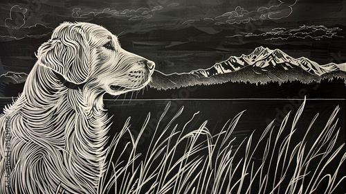 Golden Retriever in a lush grass field with mountains in the distance, drawn with white ink on black paper 