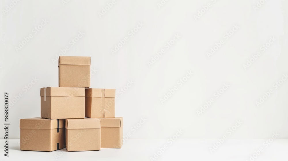A neatly stacked pyramid of brown packaging boxes and containers on a clean, white background, with plenty of copy space around for text or branding A neatly stacked pyramid of brown packaging boxes and containers on a clean, white background, with plenty of copy space around for text or branding