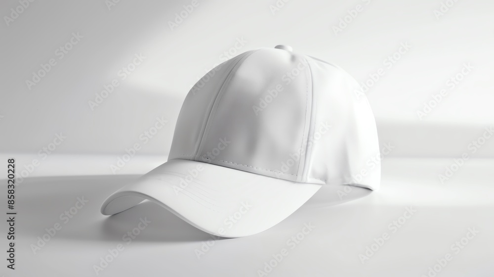 Plain white baseball cap on a white background, soft shadows, clean minimalistic lighting, side view Plain white baseball cap on a white background, soft shadows, clean minimalistic lighting, side view