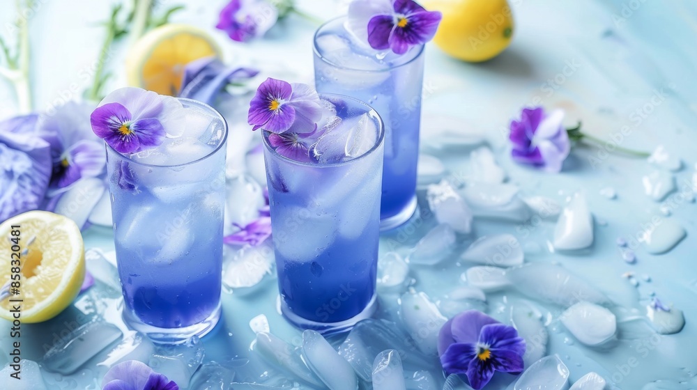 Refreshing Butterfly Pea Flower Tea Lemonade in Glass with Lemon Garnish Stock Photo Refreshing Butterfly Pea Flower Tea Lemonade in Glass with Lemon Garnish Stock Photo