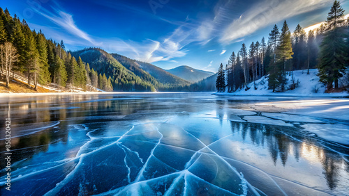 Cracks on the surface of the blue ice. Frozen lake in winter mountains photo