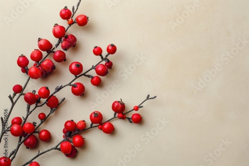 Clean and minimalist composition of barberries on a plain pastel background, capturing their bright red color and tart flavor photo