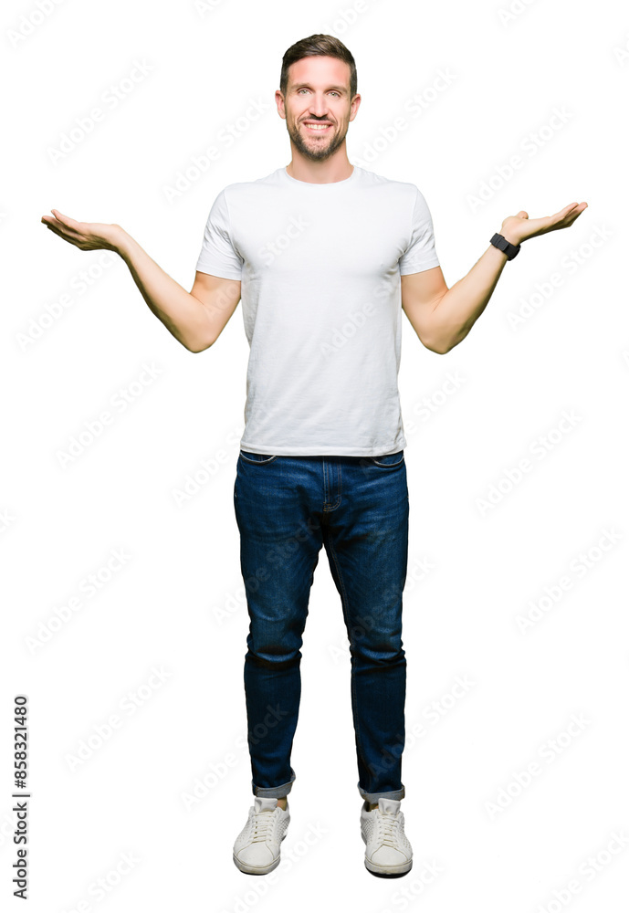 Handsome man wearing casual white t-shirt Smiling showing both hands open palms, presenting and advertising comparison and balance Handsome man wearing casual white t-shirt Smiling showing both hands open palms, presenting and advertising comparison and balance