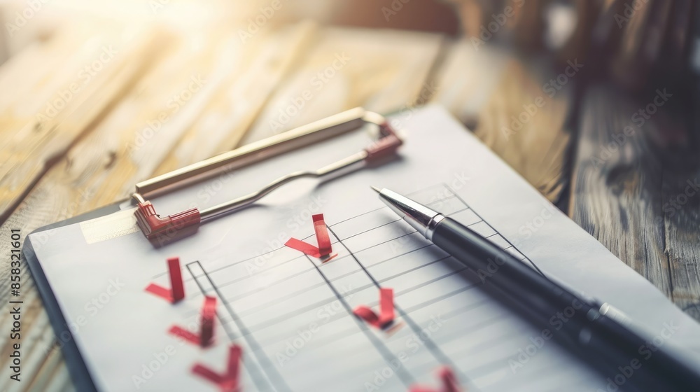 Detailed view of a quality checklist with survey documents, organized for evaluation. Survey research quality checklist. Copyspace Detailed view of a quality checklist with survey documents, organized for evaluation. Survey research quality checklist. Copyspace